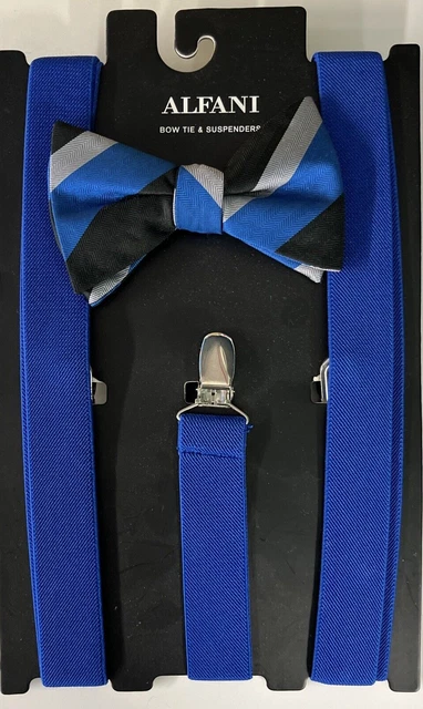 Alfani  Mens Solid Woven Dress Suspenders and Bowtie, Grey Blue striped One Size