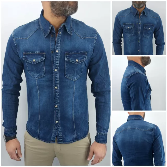 Camicia di Jeans uomo Blu denim a manica Lunga slim madreperla elastica S M L XL