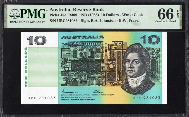 Australia 10 TEN Dollars P45e R309 1985 Johnston Fraser PMG66 Gem UNC EPQ HIGH