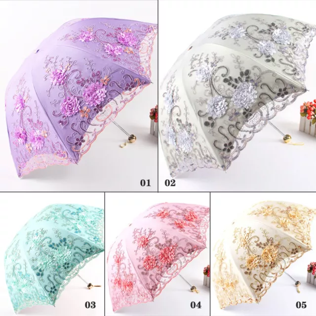 1X Embroidered Lace Sun Umbrella Anti-UV Bridal Folding Sun Rain Parasol Vintage