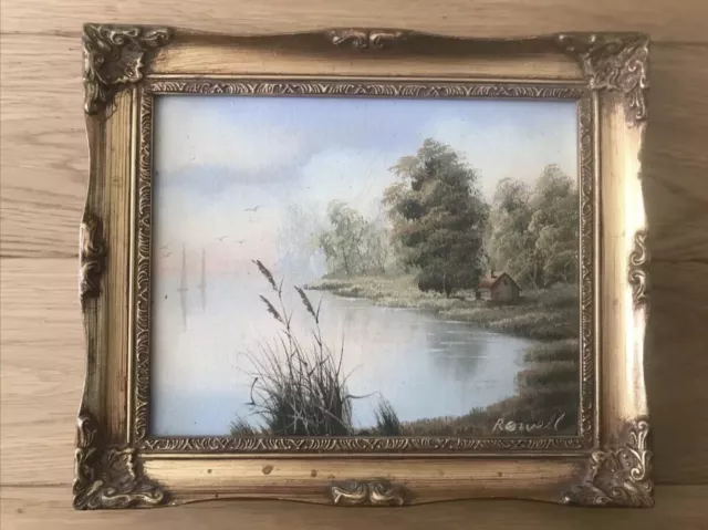 Pintura al óleo arte lienzo imagen paisaje lago artista firmado Rowell enmarcado