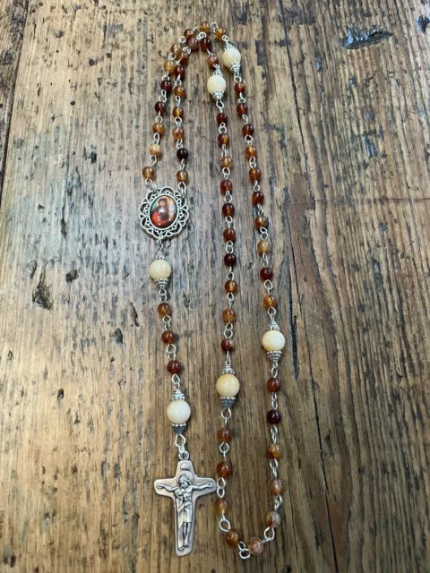 Handmade Rosary - Jesus Colored Picture Pendant. Beautiful Pearl & Rose Stones