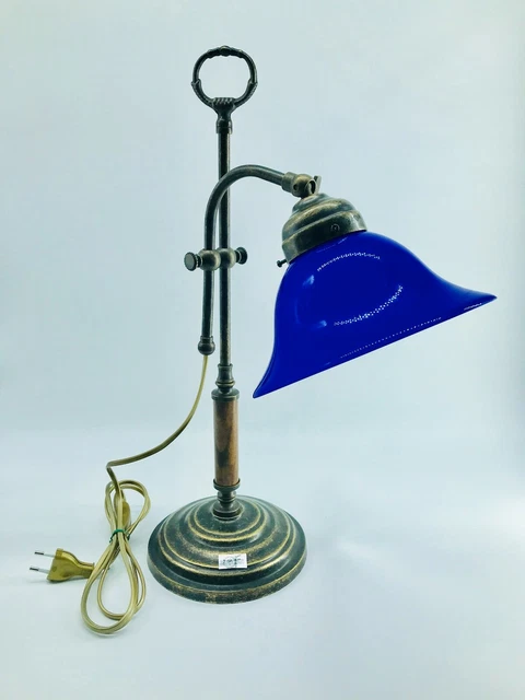 Lampada da tavolo ufficio scrivania in ottone vetro blu con impugnatura in legno