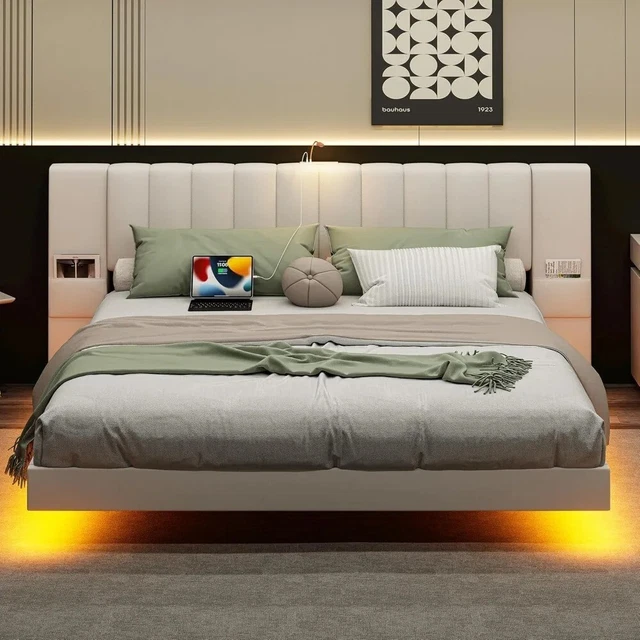 FLOATING BED FRAME full size, wide pad headboard, LEDs, no need for box