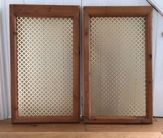 Reclaimed pair of cupboard cabinet doors wooden frames gold perforated metal
