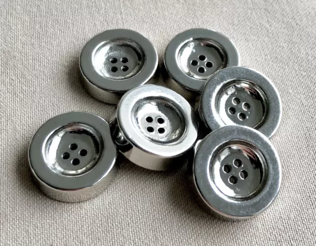 6 Heavy Silver Metal Rim Decorative Buttons, 18mm, 4 Hole, Set