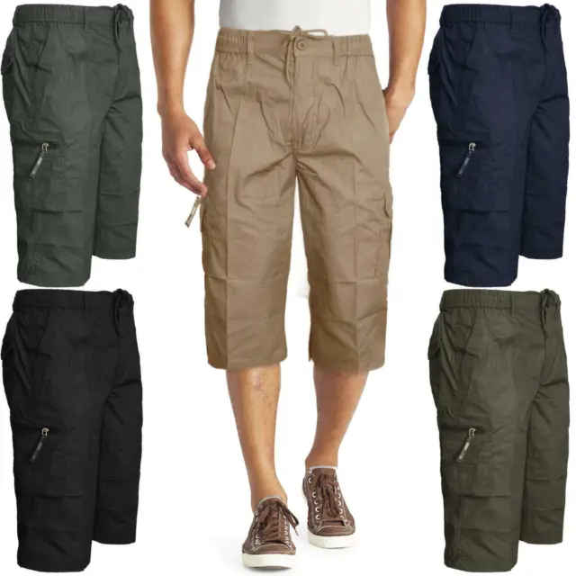 Mens Plain 3/4 Shorts Elasticated Waist Cargo Combat Long Pants Trousers M-3XL