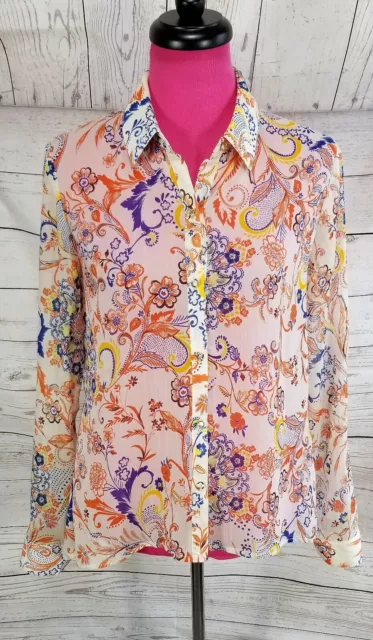 Kut from the Kloth Blouse Shirt Size M Womens Orange Floral Sheer Gathered Back