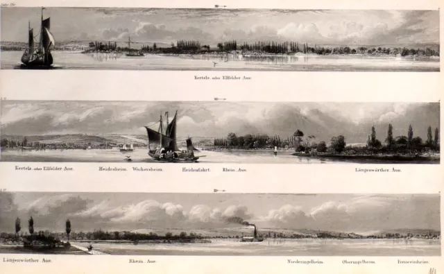 Ingelheim, Heidesheim, Wachenheim, Stahlstich von Payne um 1840 - Rheinlauf