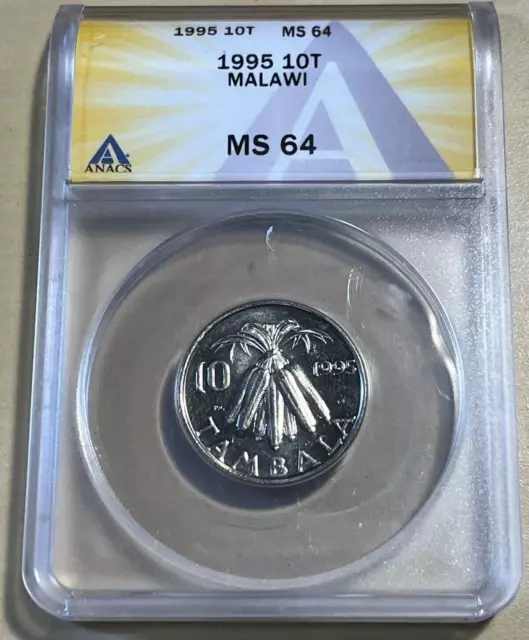 1995 Malawi 10 Tambala Graded ANACS MS64, Very Rare: Only Graded Coin Online! 2