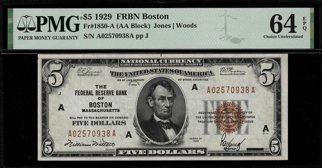 1929 $5 Federal Reserve Bank Note Boston - FR.1850-A - Graded PMG 64 EPQ