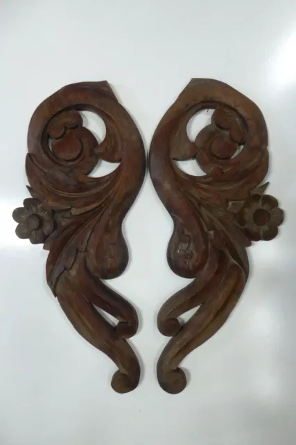 Pair Antique Wooden Decorative Hand Carved Panels Floral Leaves Timber Art Craft