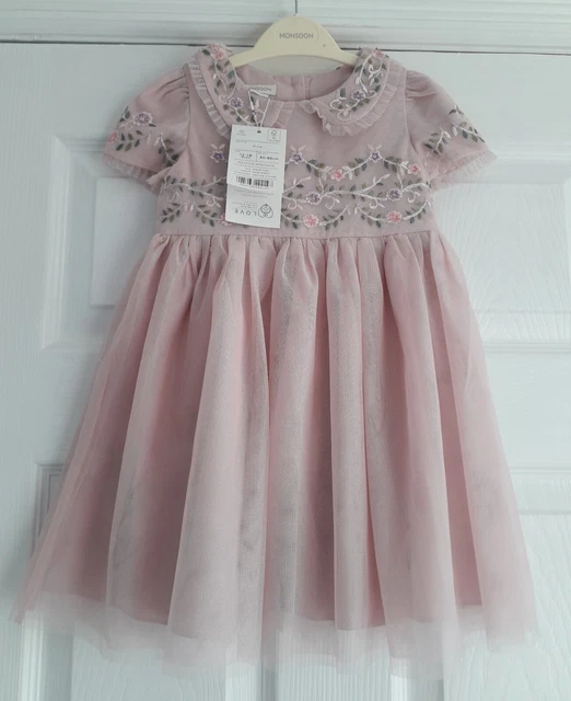 New Monsoon - Age 12 - 18 Months - Dusky Pink Flower Embroidered Party Dress