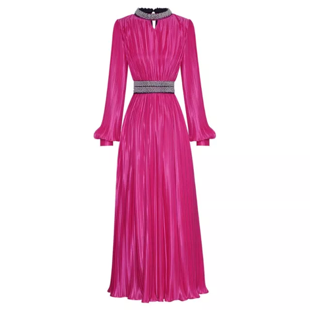 Spring Women Slim-fit Dress Luxury Diamond Round Neck Lantern Sleeve Party Gown