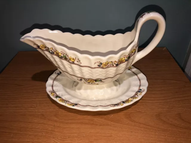 Vintage Copeland Spode England Buttercup Gravy Boat With Under Plate