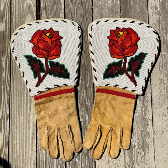 Authentic Native American Plateau Beaded Leather Gauntlets - mid 1900s (GM152)