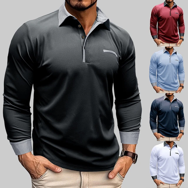 Mens Turn Down Collar Long Sleeve Casual Solid T-shirts Patchwork Blouse Tops US