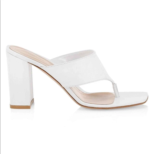 Gianvito Rossi Vitello White Leather Block Heel Thong Sandals Size 38.5