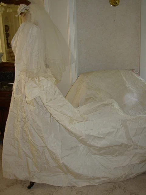 Vintage Silk Wedding Dress, 22" waist, peplum, train, veil: Josina Brides, NY