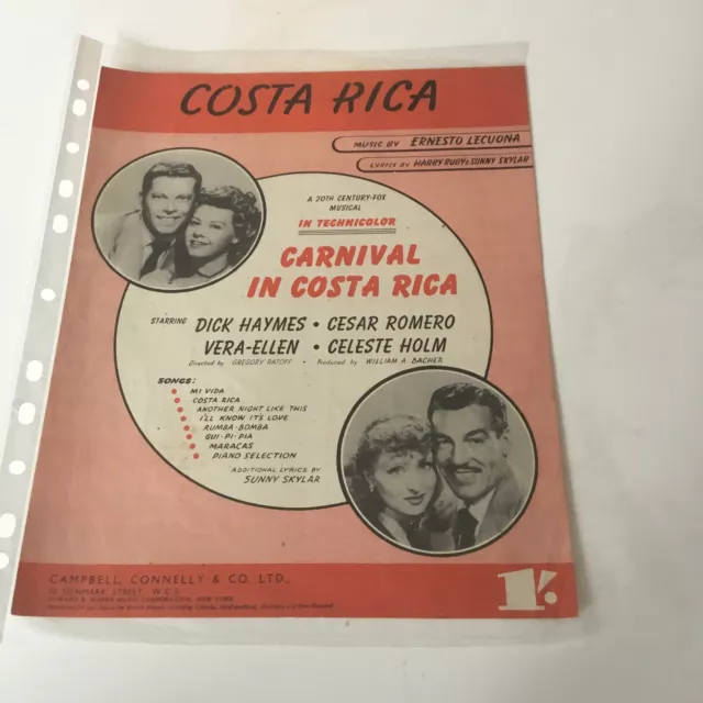 COSTA RICA. Ernesto Lecuona. Harry Ruby. S. Skylar. Seltene Vintage Noten