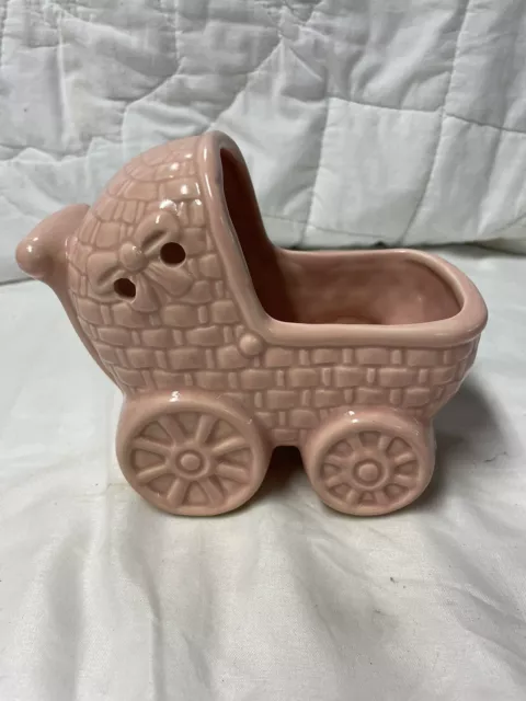 Vintage Japan Pink Ceramic Baby Buggy Stroller Succulent Planter Nursery Decor