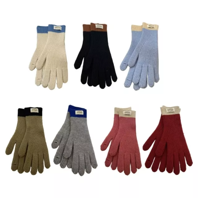 Women Warm Knit Colorblock Full Finger Gloves Outdoor Touchable Screen Mittens