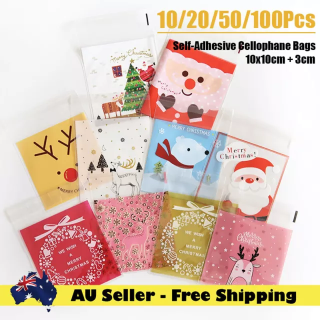 10/20/50/100 Christmas Cellophane Party Cookies Lolly Candy Treat Bag Gift Bag