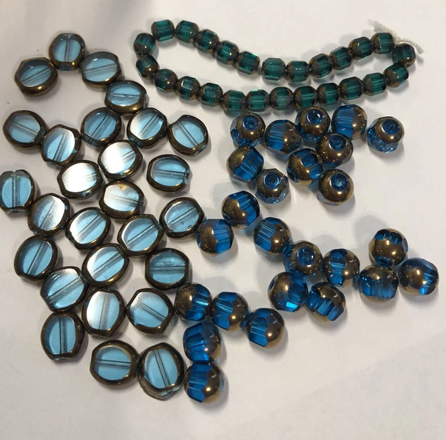 76 Cathedral, Green & Blue with Gold Czech Glass, fire polish beads Mixed Sizes