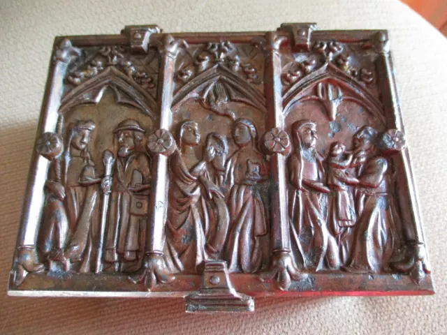 French Gothic Revival Bronze Casket Biblical Scenes Church Panel Windows