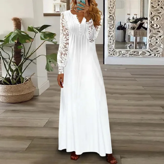 Women V Neck Full Sleeve Floral Long Maxi Dress Pleated Swing Party Dresses  Plus