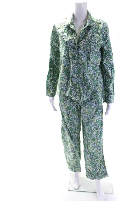 J Crew Womens Long Sleeve Floral Poplin Button Up Pajamas Set Green White Small