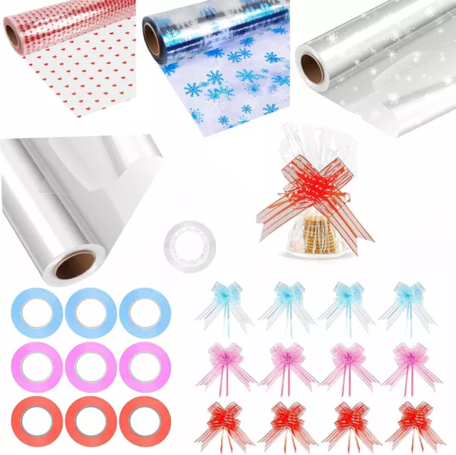 Snowflake/Heart/Plain Cellophane Wrap Film Roll Gift Hamper Pull Bow/Tape/Ribbon