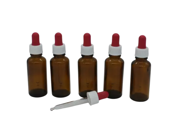 5x Braunglasflasche DIN 18 Pipettenflasche Pipette weiß-rot 30 ml Sprühflasche