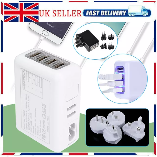 Multi Plug Travel Charger Adapter with UK/EU/US/AU Plug Universal USB 4 Ports UK