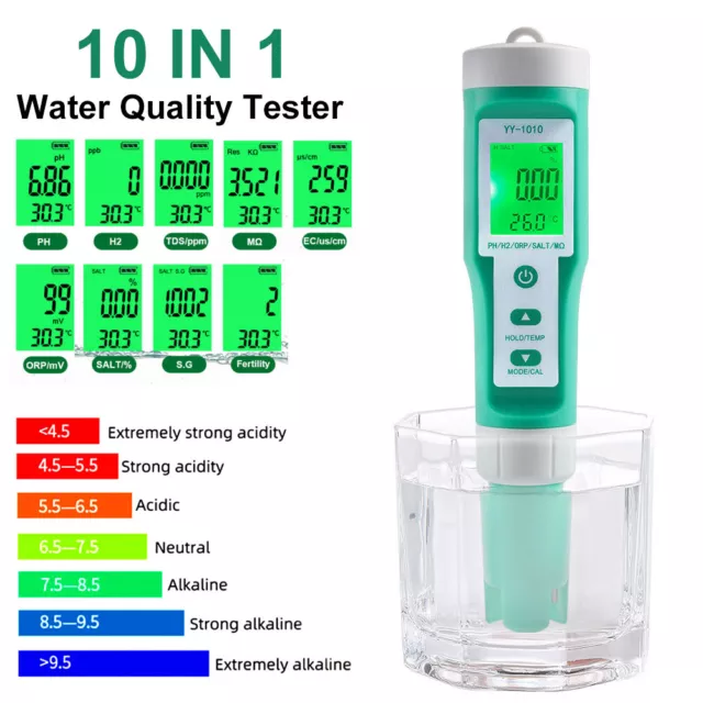 10 en 1 LCD numérique ph /H2 /tds /EC / ORP/temp/SG/eau salée testeur de qualité