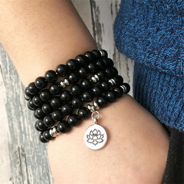 8 mm 108 perles de Bouddha onyx noir bracelet argent bouddhisme homme yoga chanceux