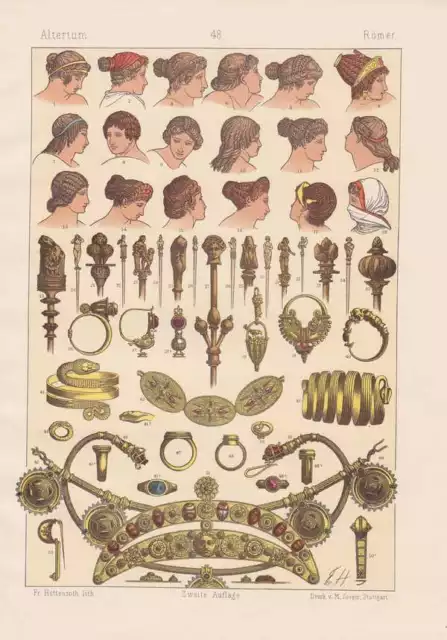 Römer Frauen Schmuck Haartracht LITHOGRAPHIE von 1883 Haarnadeln Ringe