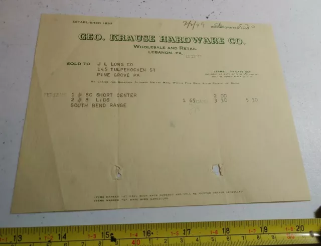 Vintage 1949 George Krause Hardware Co Lebanon PA Advertising Letterhead Receipt