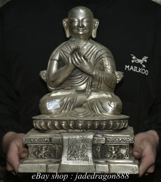 14& TIBETAN BUDDHISM Marked Silver Sit Master Lama Buddha Sculpture ...