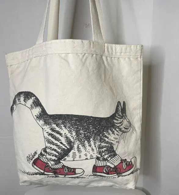 B Kliban Cat Red Sneakers Vintage 1975 Off-White Cotton Canvas Tote Bag 14x11.5