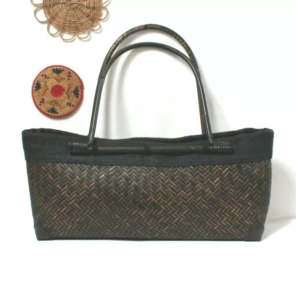 Sac panier cabas ethnique noir et brun bambou et coton