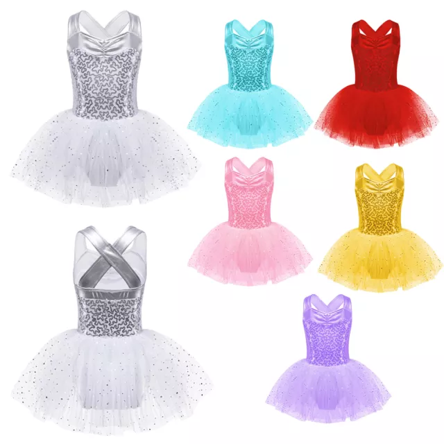 Girls Sparkly Sequins Crisscross Back Ballet Dance Tutu Dress Dancewear Costume