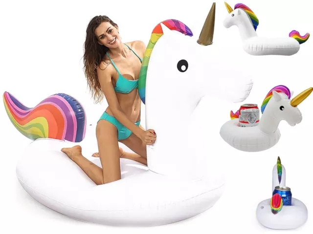 Aufblasbares XXL Einhorn Pool Schwimmringset + Getränkehalter Luftmatratze