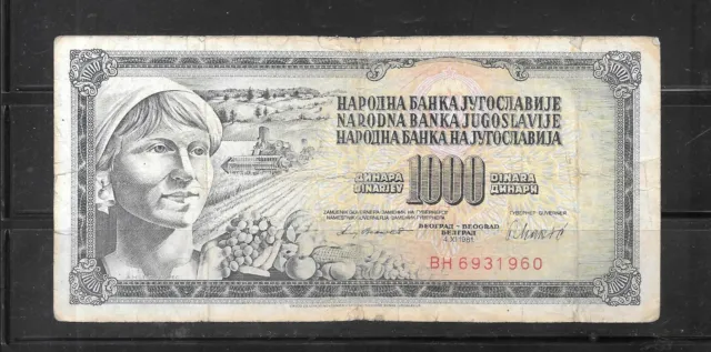 YUGOSLAVIA #92d 1981 1000 DINARA VG CIRC OLD BANKNOTE PAPER MONEY CURRENCY NOTE