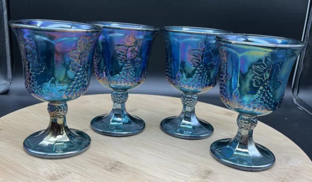 Gorgeous Set Of 4 Vintage Indiana Carnival Glass Blue Harvest Grape