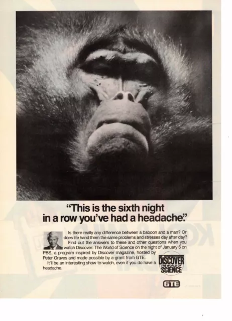 Vtg Print Ad 1980s 1987 GTE Baboon Discover the World of Science Peter Graves 6