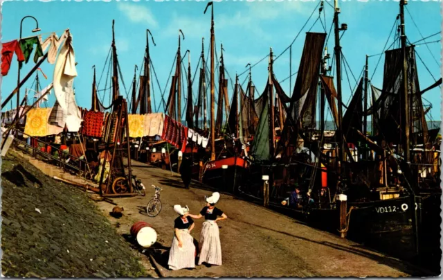 Volendam Netherlands Two Women Boats Postcard
