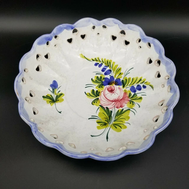 Handpainted Italian Pottery, Reticulated Rose Bowl Marked "All In" Made in Italy