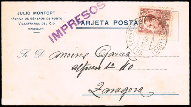 Castellón - Edi o TP 490 - Postal "Villafranca del Cid 22/9/31" a Zaragoza