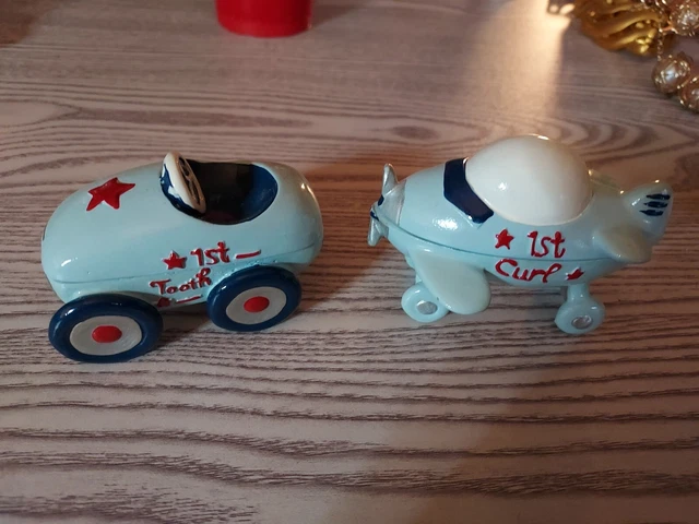Ceramic Trinket Box Set Car & Plane~ Baby Boy First Hair Cut & First Tooth